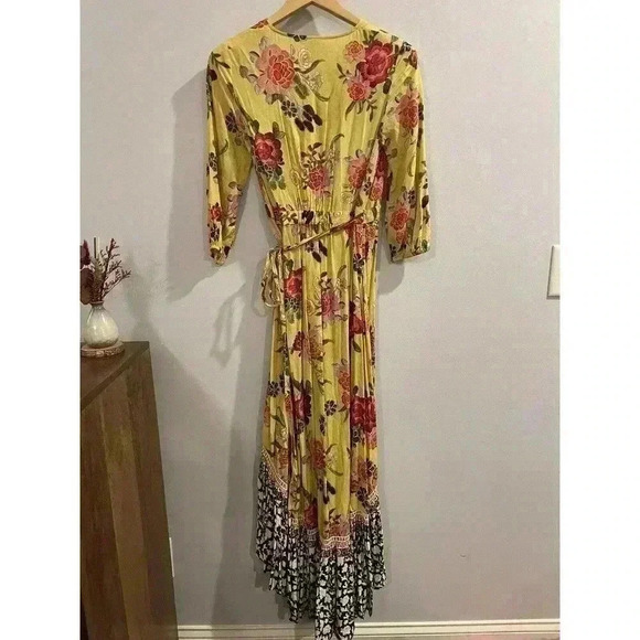 Farm Rio Maxi Dress XS Floral Yellow Pink Wrap Anthropologie Midi Asymmetrical - Picture 9 of 9